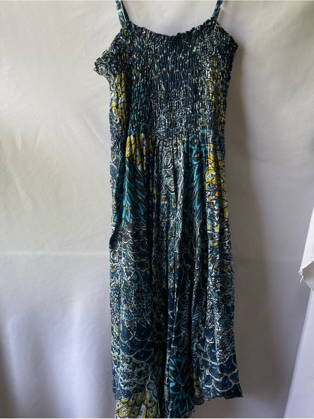 Urban Nomad Smocked Strap MIDI Sun Dress in Teal, Navy & Yellow w/Pockets